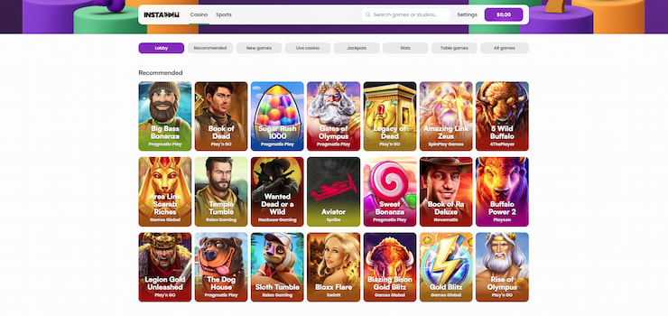 A screenshot of Instaspin casino.