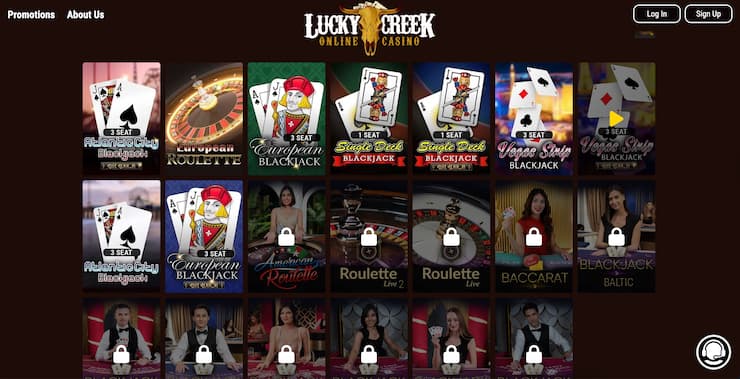 Lucky Creek baccarat lobby with live dealer tables