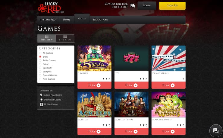 A screenshot of Lucky Red real money casino games lobby showing slot titles and categories menu.