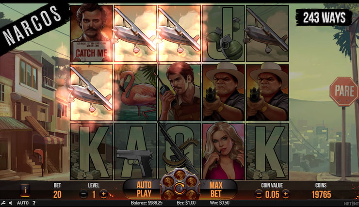 A screenshot of a winning combination in the Narcos slot game.