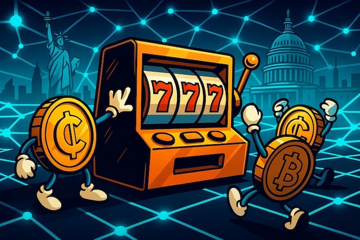 New slot sites digital illustration with anthropomorphic coins and slot machine