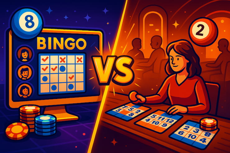 An image comparing playing bingo online and in bingo halls.