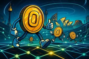 Digital illustration of best online casinos Australia with anthropomorphic coins in a futuristic blockchain arena and Aussie landmarks in the background.
