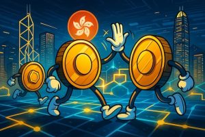 Futuristic digital illustration of best Hong Kong online casinos with crypto coins and city skyline
