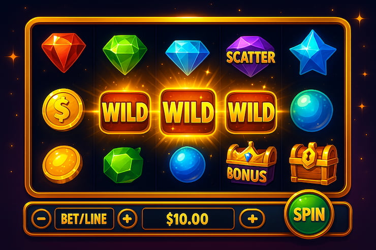 An online slot machine with wild symbols on the reels,