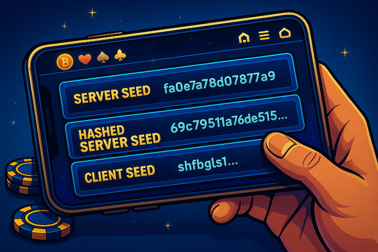A graphic showing a mobile player verifying a game outcome at a provably fair Bitcoin casino.