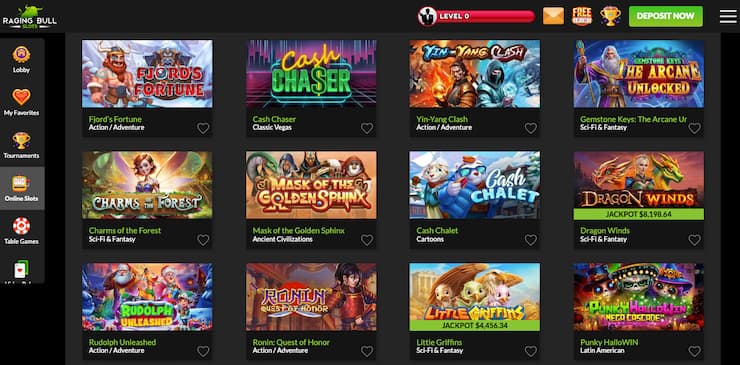 A screenshot of Raging Bull real money casino games lobby with a grid of slot titles.