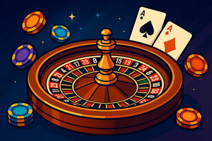 A visual showing a roulette wheel with casino chips.