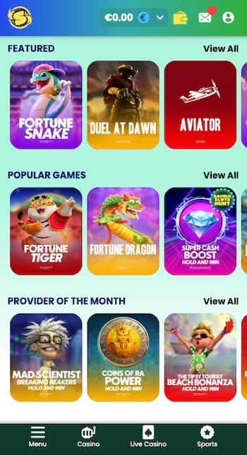South Africa casino app screenshot with featured games and popular slots