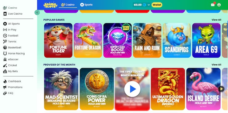 Samba Slots Hong Kong online casino homepage with featured slot games and live dealer tables 