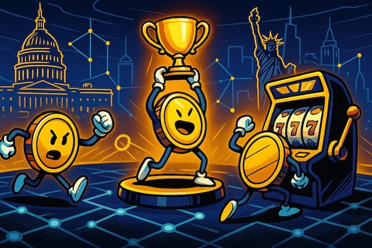 New slot tournaments digital illustration with coins competing for a trophy and slot machine
