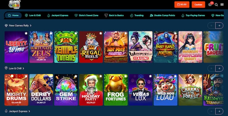A screenshot of SlotoCash real money casino lobby showing slot games and categories.