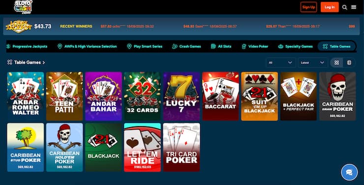 SlotoCash baccarat and table games selection