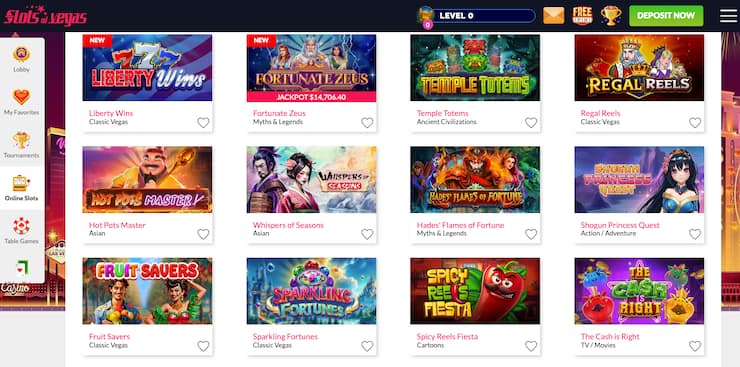 A screenshot of Slots of Vegas real money casino games lobby showing slot titles and categories.