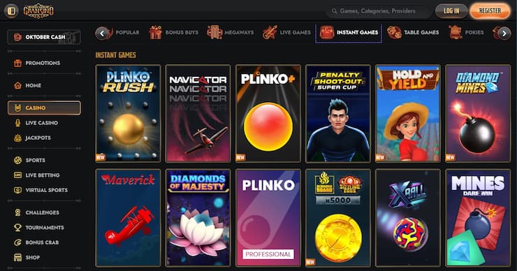 New Zealand casino bonus instant games like Plinko and mini games at Gransino Casino