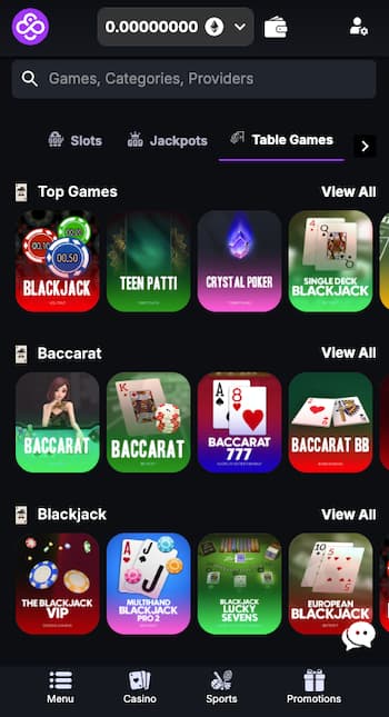 Casino app South Africa table games lobby with blackjack and baccarat