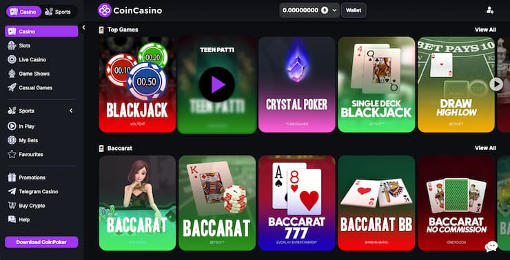 Blackjack and baccarat selection at CoinCasino – minimum 1 dollar deposit casino