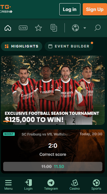 a snapshot of TG Casino on mobile - a top crypto betting site US players