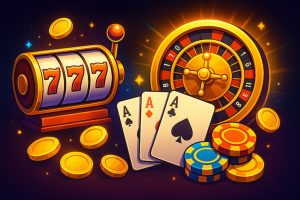 An image of several casino games, including a slot machine and a roulette wheel.
