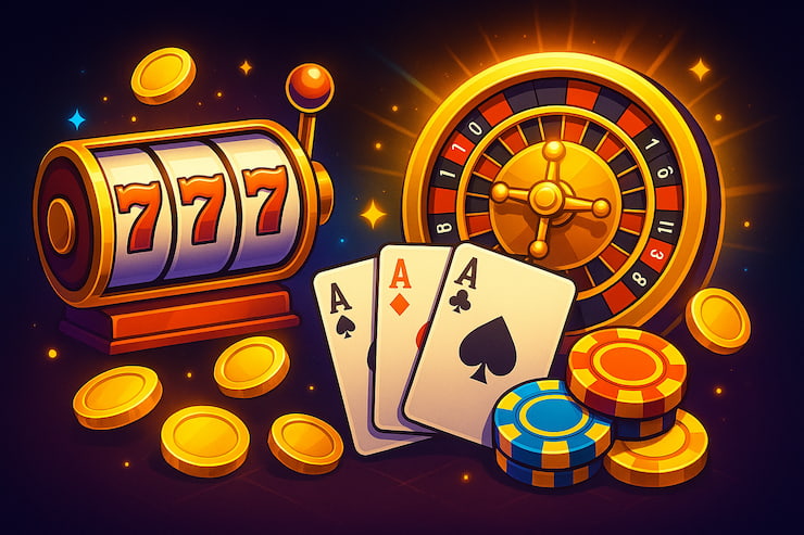 An image of several casino games, including a slot machine and a roulette wheel.