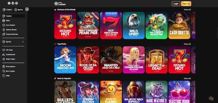 The game lobby on the WSM Casino site.