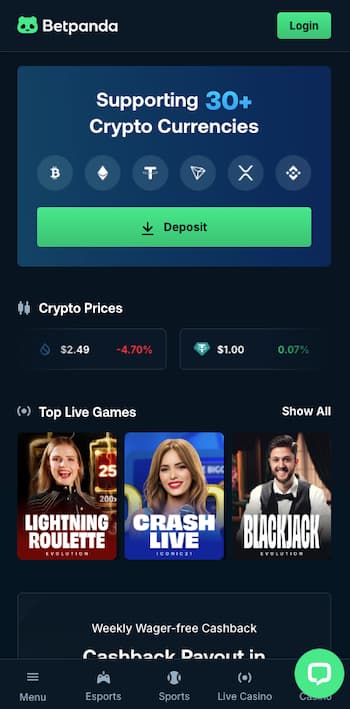 BetPanda casino homepage supporting 30+ cryptocurrencies – free spins UK casino site
