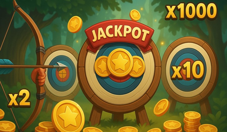 Image of a digital archery game with coins, multipliers, and jackpot targets 