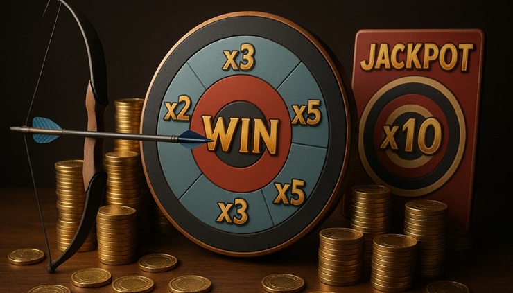Image of a casino-style skill game where arrows are shot at prize zones 
