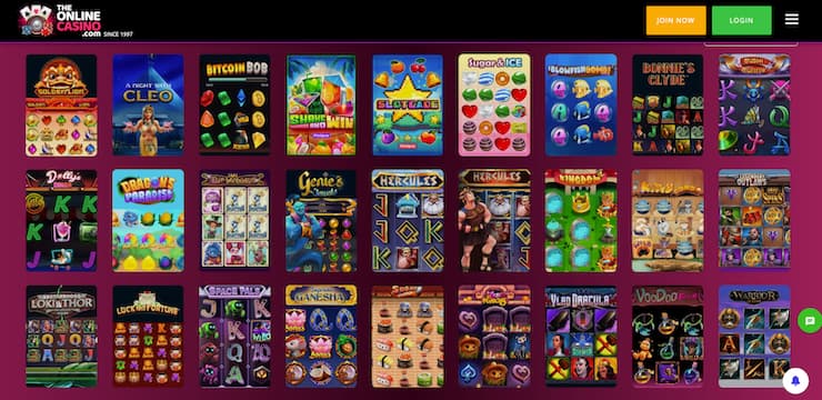 A screenshot of TheOnlineCasino $20 minimum deposit casino games lobby showing slot titles and categories menu.