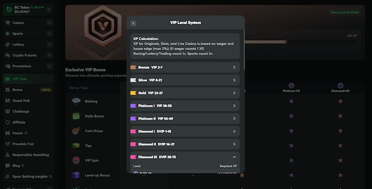 BC.Game VIP Bitcoin casino level system showing XP calculation and tier progression