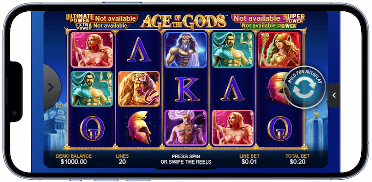 A mobile screenshot of the Age of the Gods slot.