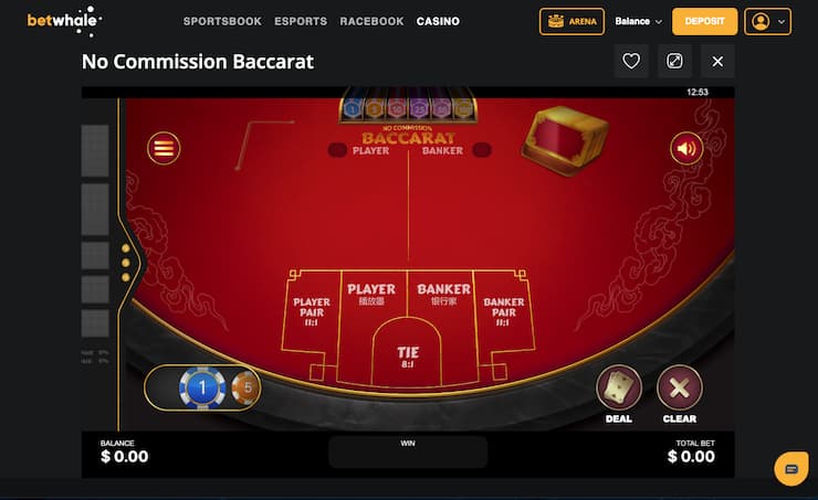Screenshot of BetWhale No Commission Baccarat table at a real money casino.