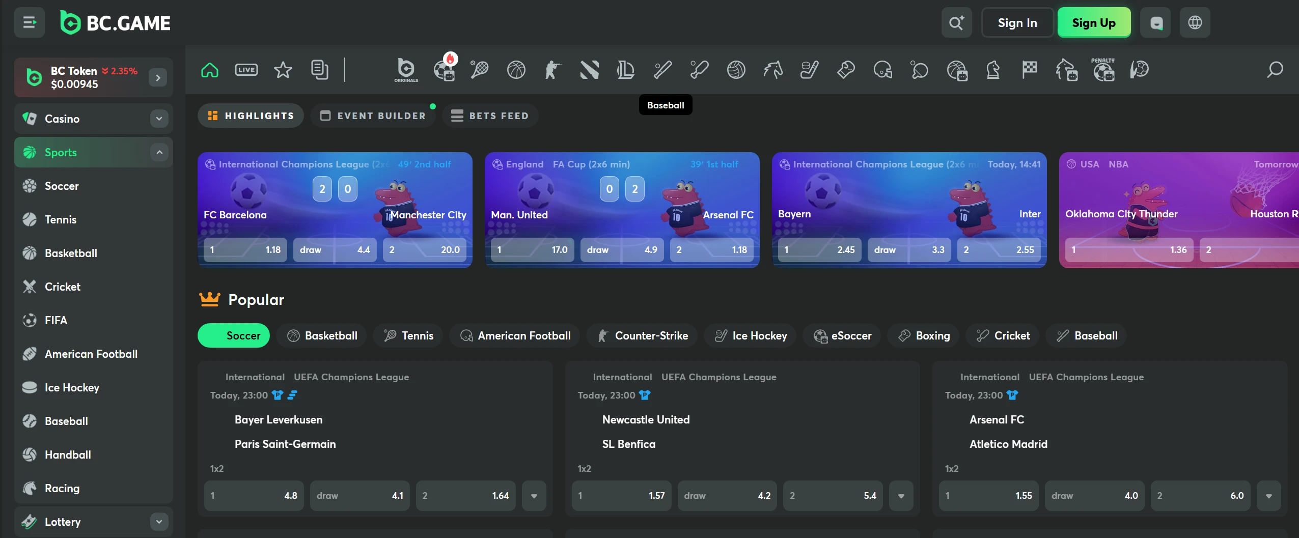 An image of the BC.Game sportsbook.
