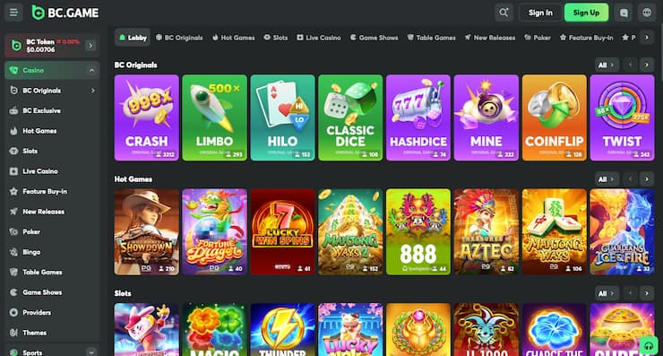 BC.Game casino lobby showing BC Originals at a popular crypto no account casino site