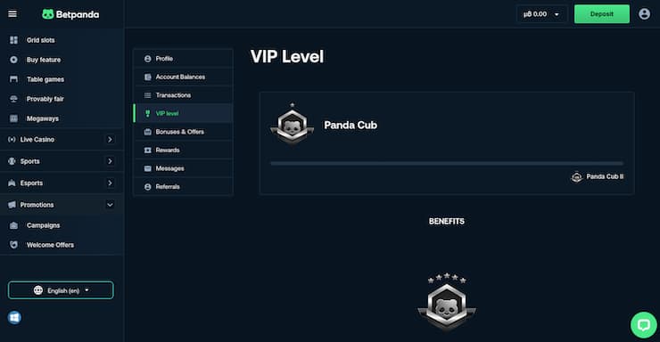 BetPanda crypto VIP casino level screen showing player tier and benefits