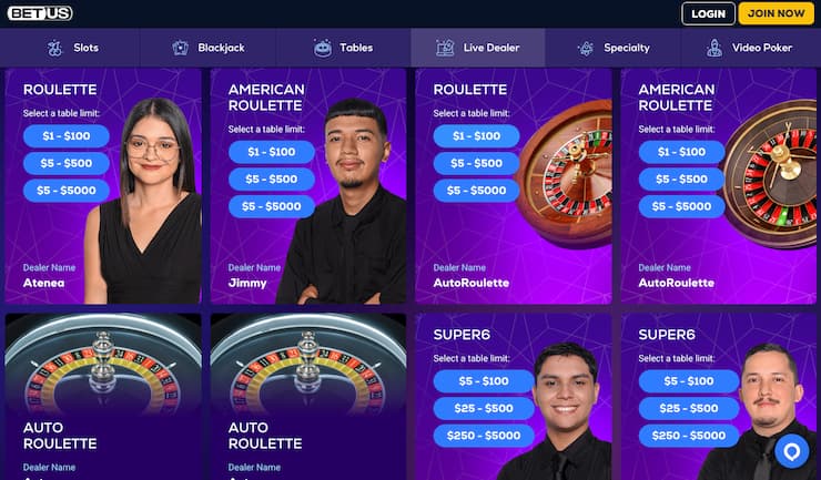 BetUS live roulette tables lobby