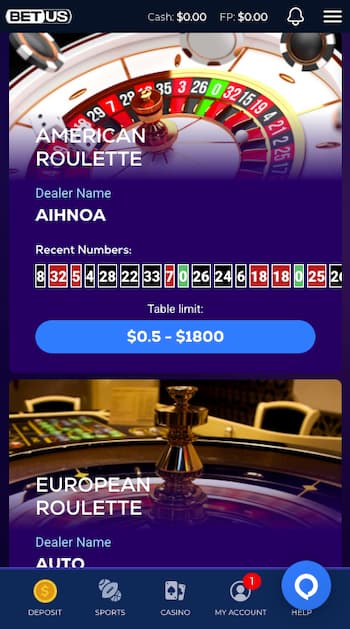 BetUS live roulette mobile lobby with American and European tables