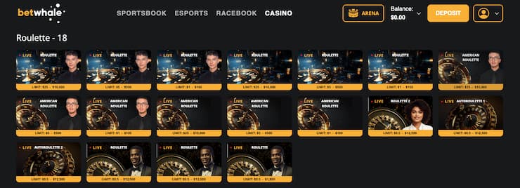 A snapshot of BetWhale live roulette tables lobby