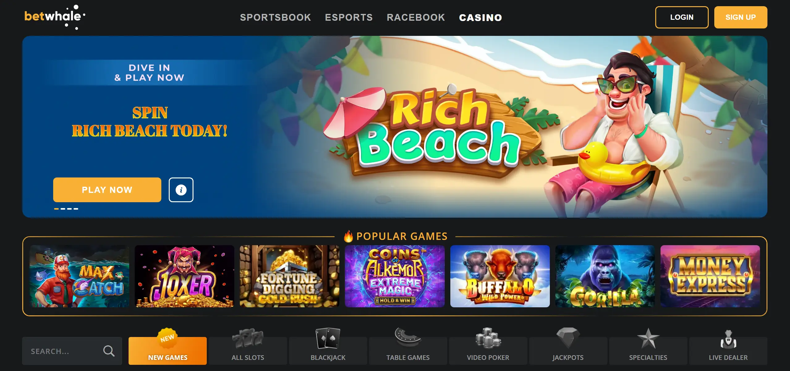 A screenshot of BetWhale minimum deposit casinos games lobby with slots and live dealer categories