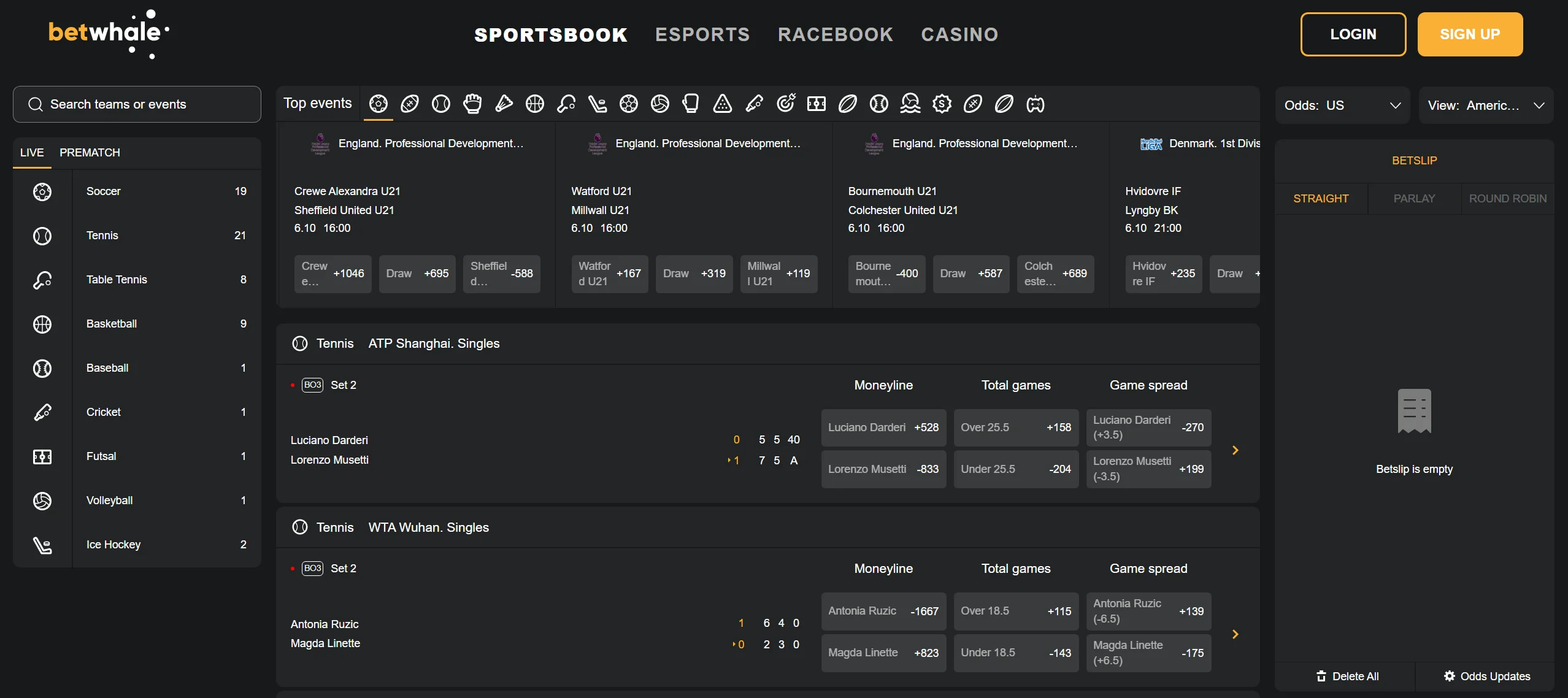 BetWhale ping pong sportsbook games and betting markets 