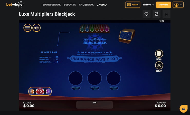 Screenshot of BetWhale Luxe Multipliers Blackjack at an online blackjack casino.
