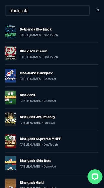 Betpanda blackjack selection at no registration casino