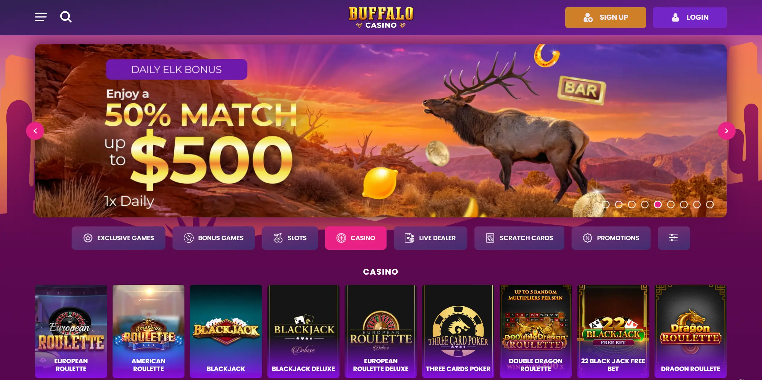 A screenshot of Buffalo Casino real money lobby showing featured slot titles and new games.