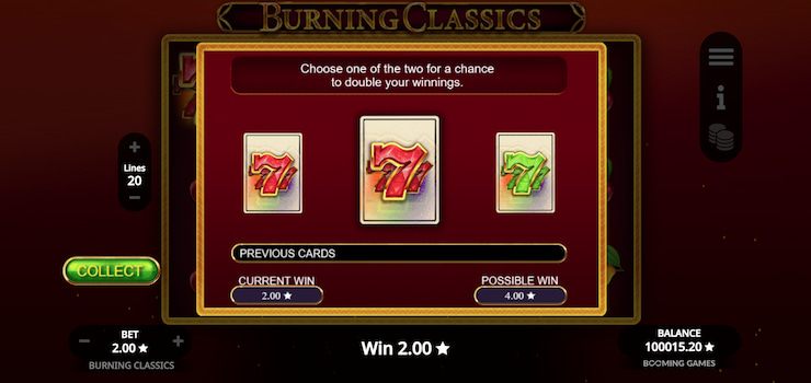 The gamble feature in the Burning Classics slot.