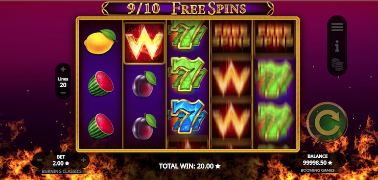 A screenshot of the free spins bonus in the Burning Classics slot.