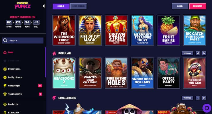 CasinoPunkz no account casino lobby showing popular real money slots like Reactoonz, Fire in the Hole, and Snoop Dogg Dollars.