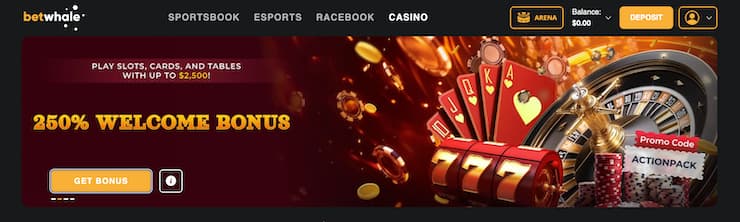 BetWhale $20 deposit casino welcome bonus banner showing 250% offer
