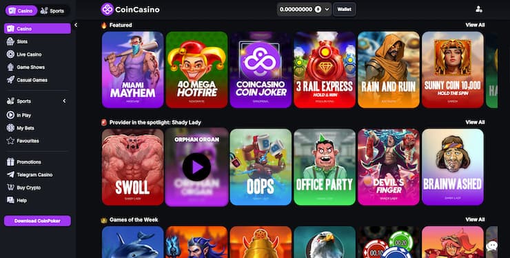 Screenshot of CoinCasino lobby with featured crypto slots and top games – best crypto casino NZ