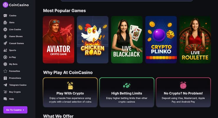 CoinCasino lobby showing popular crypto games and live dealer titles at a no account casino