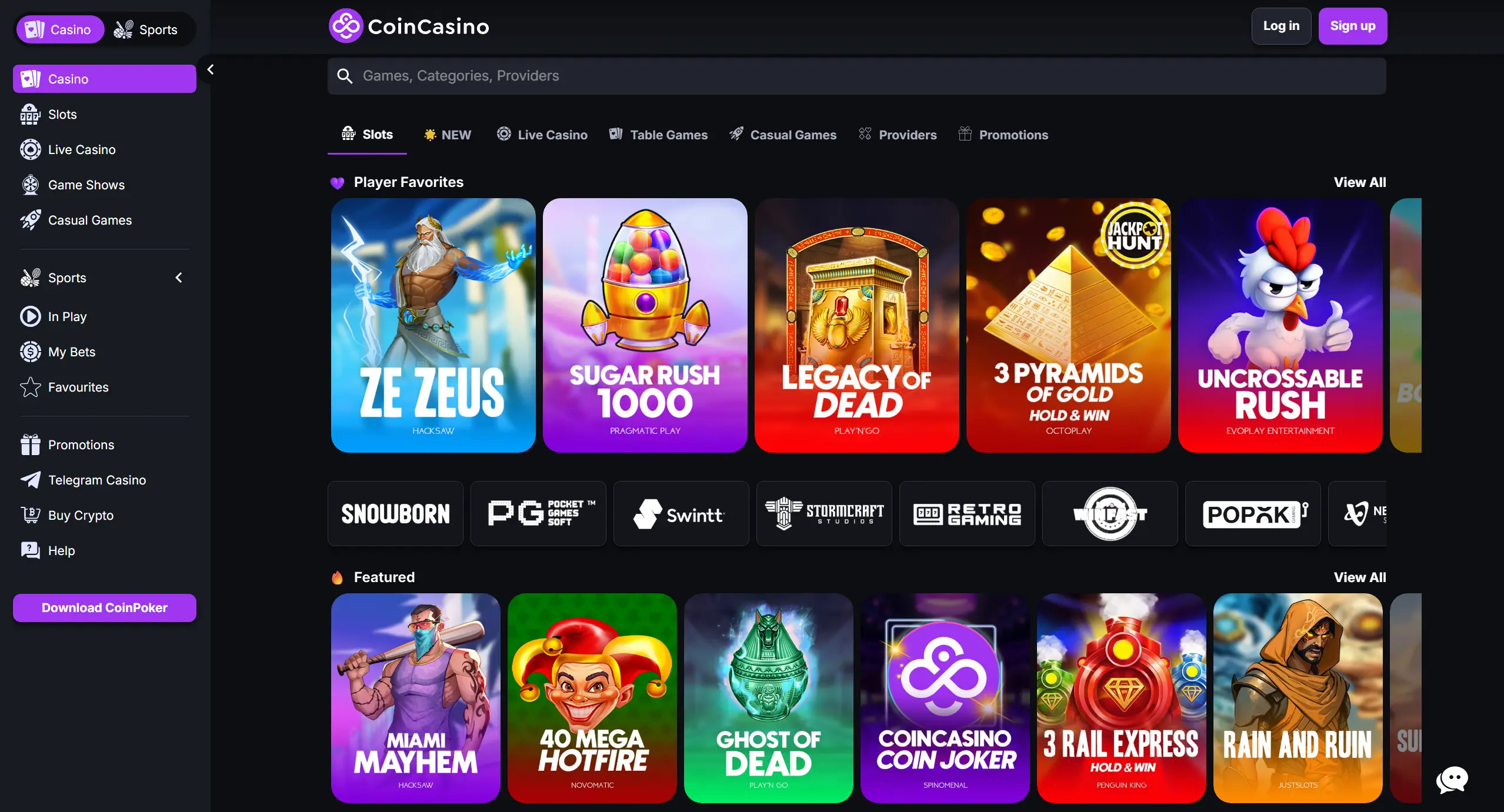 A snapshot of Coin Casino, a top free spins casino for UK players